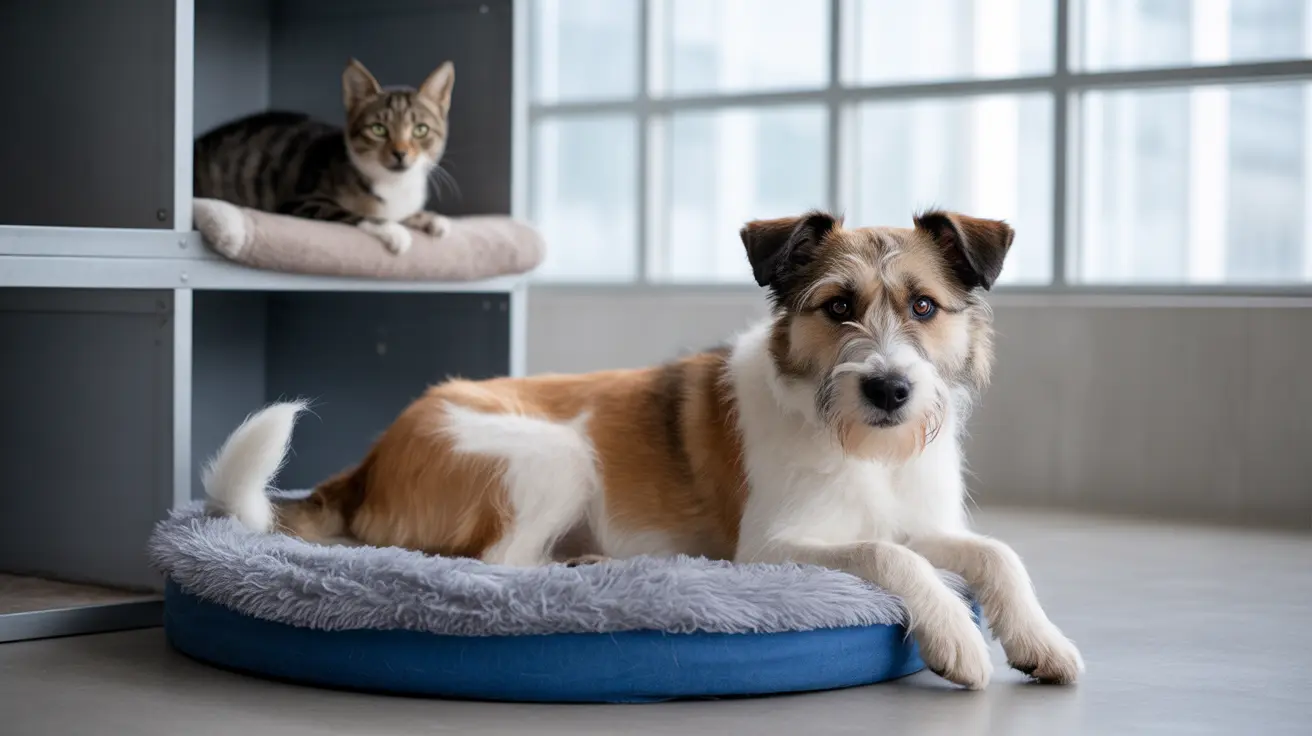 モダンな動物病院またはペットケア施設内で、タビー猫が棚の上で休んでいる間、ミックス犬種の犬が青いペットベッドの上に横たわっている