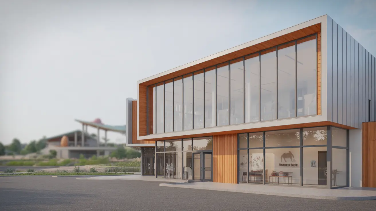 Un bâtiment commercial moderne de deux étages avec des façades en verre et des accents en bois situé sur une rue pavée