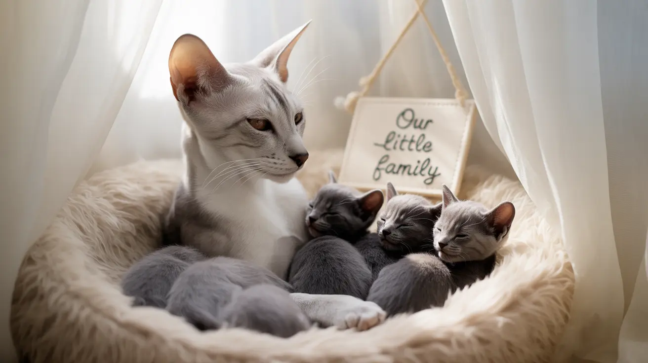 母猫が子猫たちと寄り添い、ふわふわのベッドでくつろいでいる様子。背景には白いカーテンと「私たちの小さな家族」というサインが見えます。