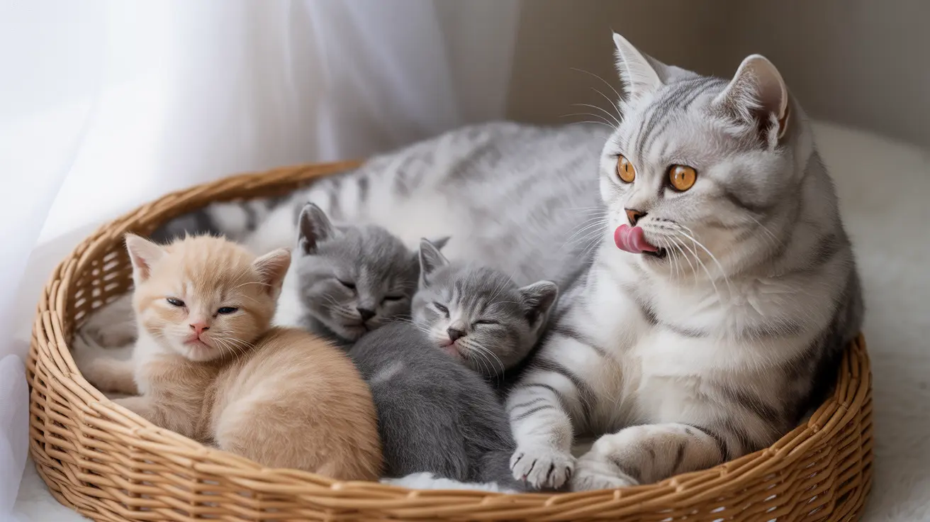 Mother cat with orange eyes grooming herself in a wicker basket with three sleeping kittens of different colors