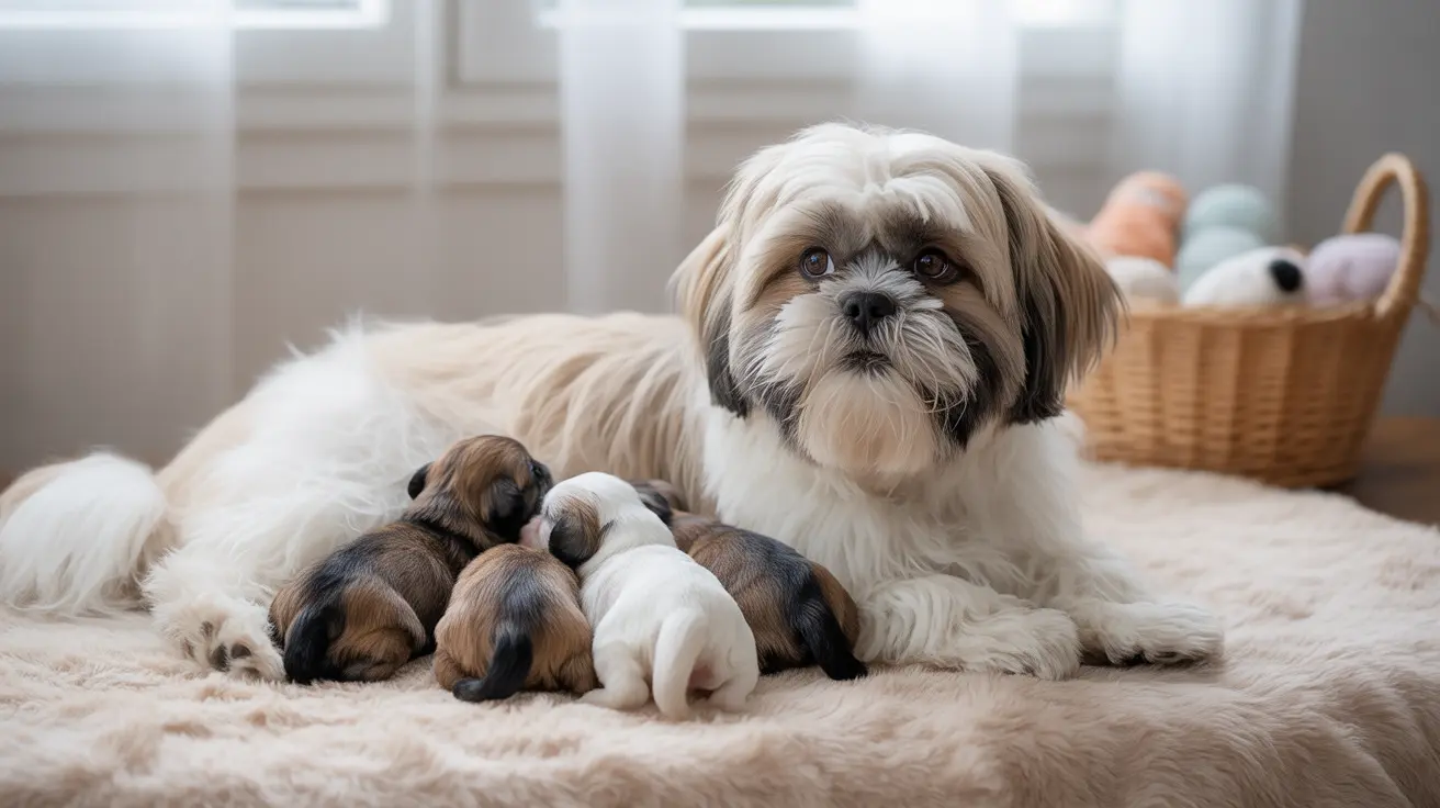Mother Shih Tzu dog resting with her newborn puppies on a soft beige blanket