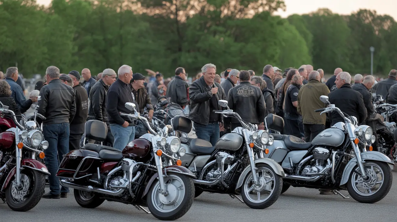 Group of motorcyclists gathered at a shelter for a charity ride supporting animal welfare