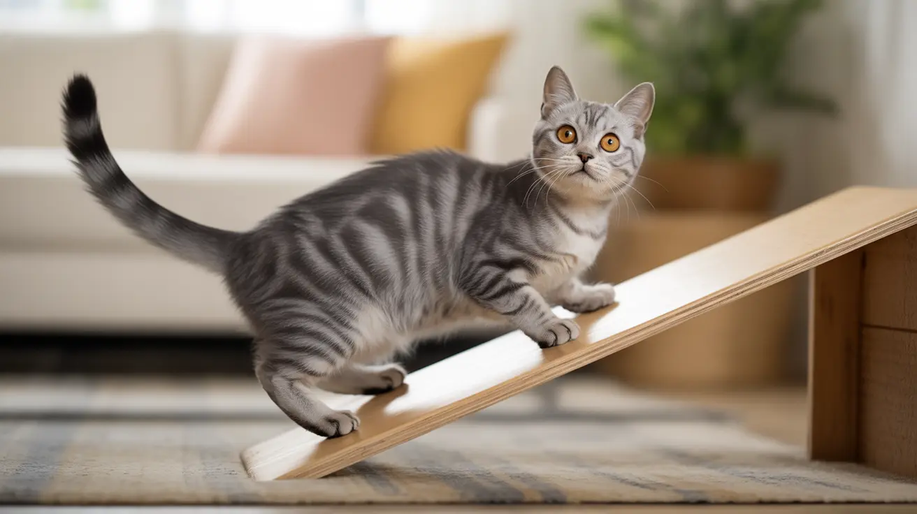A gray and white tabby cat on a wooden ramp in a cozy living room