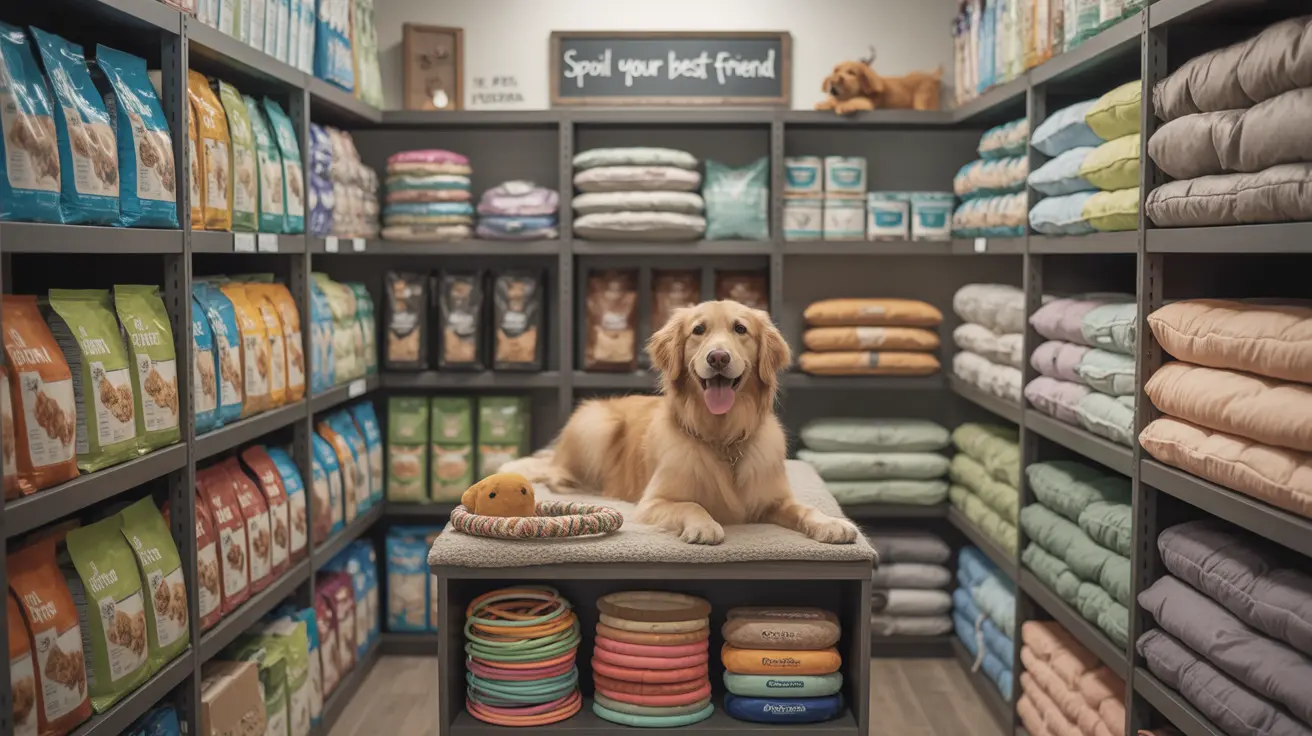 Pet food pantry shelves stocked with pet supplies and food bags
