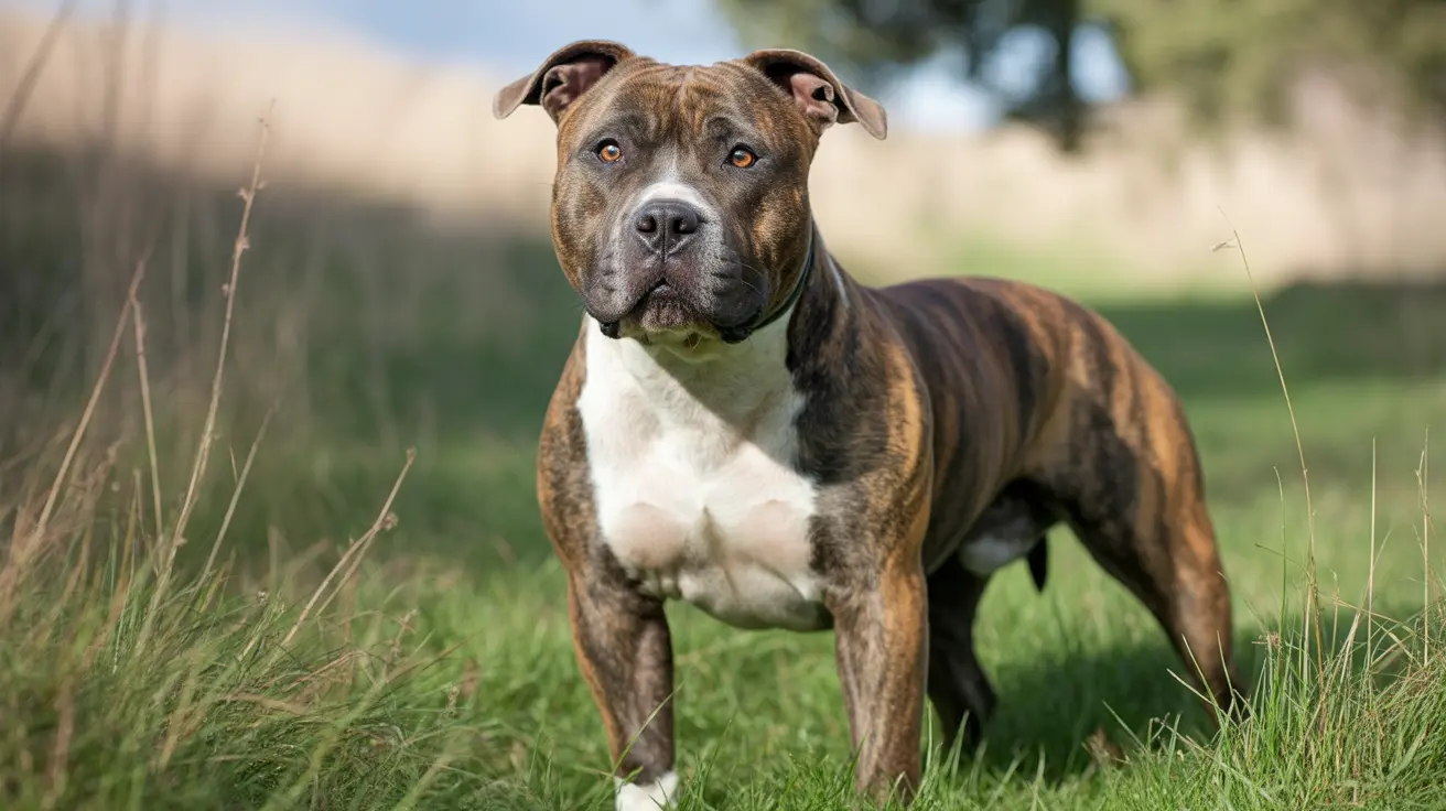 A muscular American Pit Bull Terrier standing confidently in a grassy outdoor setting