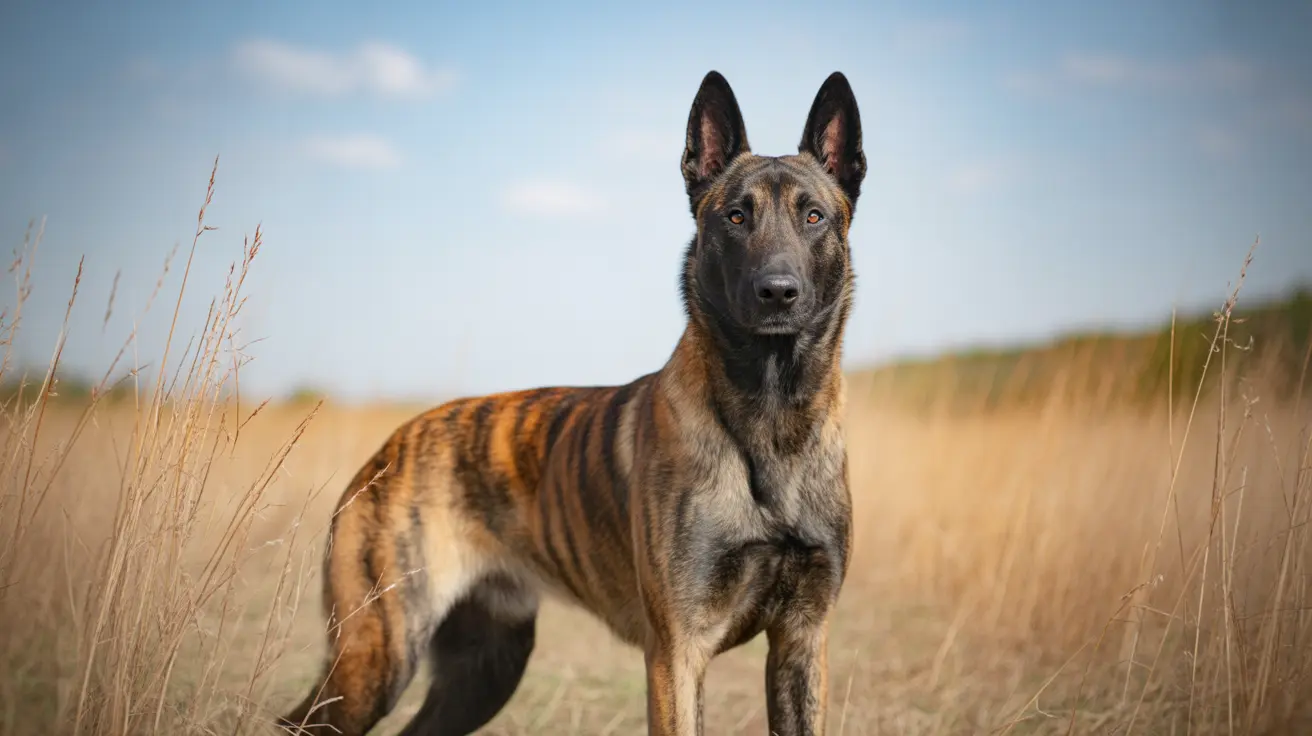 Un Malinois Belga musculoso de pie, alerta en un campo seco de pasto
