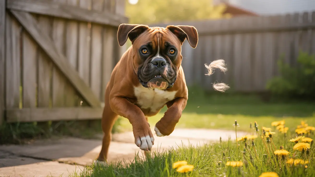Muscular Boxer dog jumping in a backyard with yellow dandelions and fur floating in the air