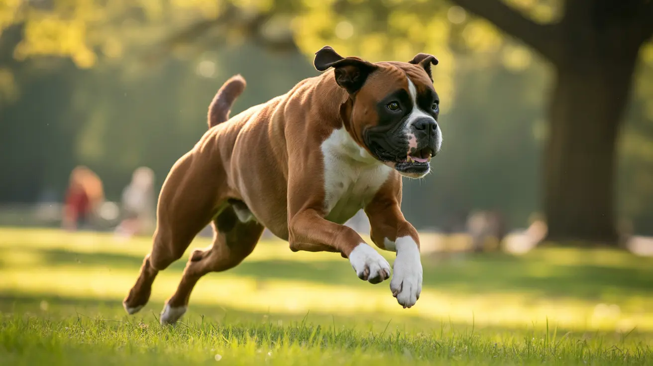 Muscular Boxer dog leaping dynamically through a sunlit grassy park