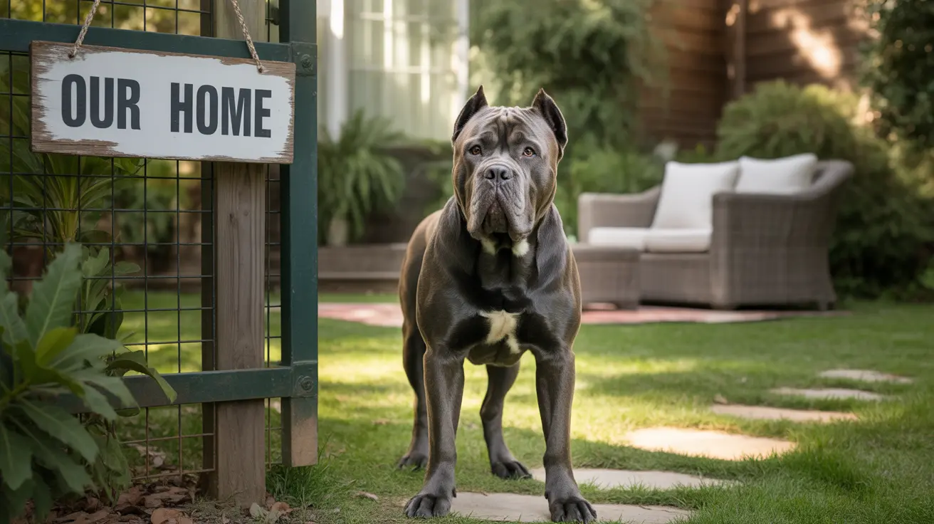 A muscular Cane Corso standing confidently in a well-manicured backyard garden next to an 'Our Home' sign