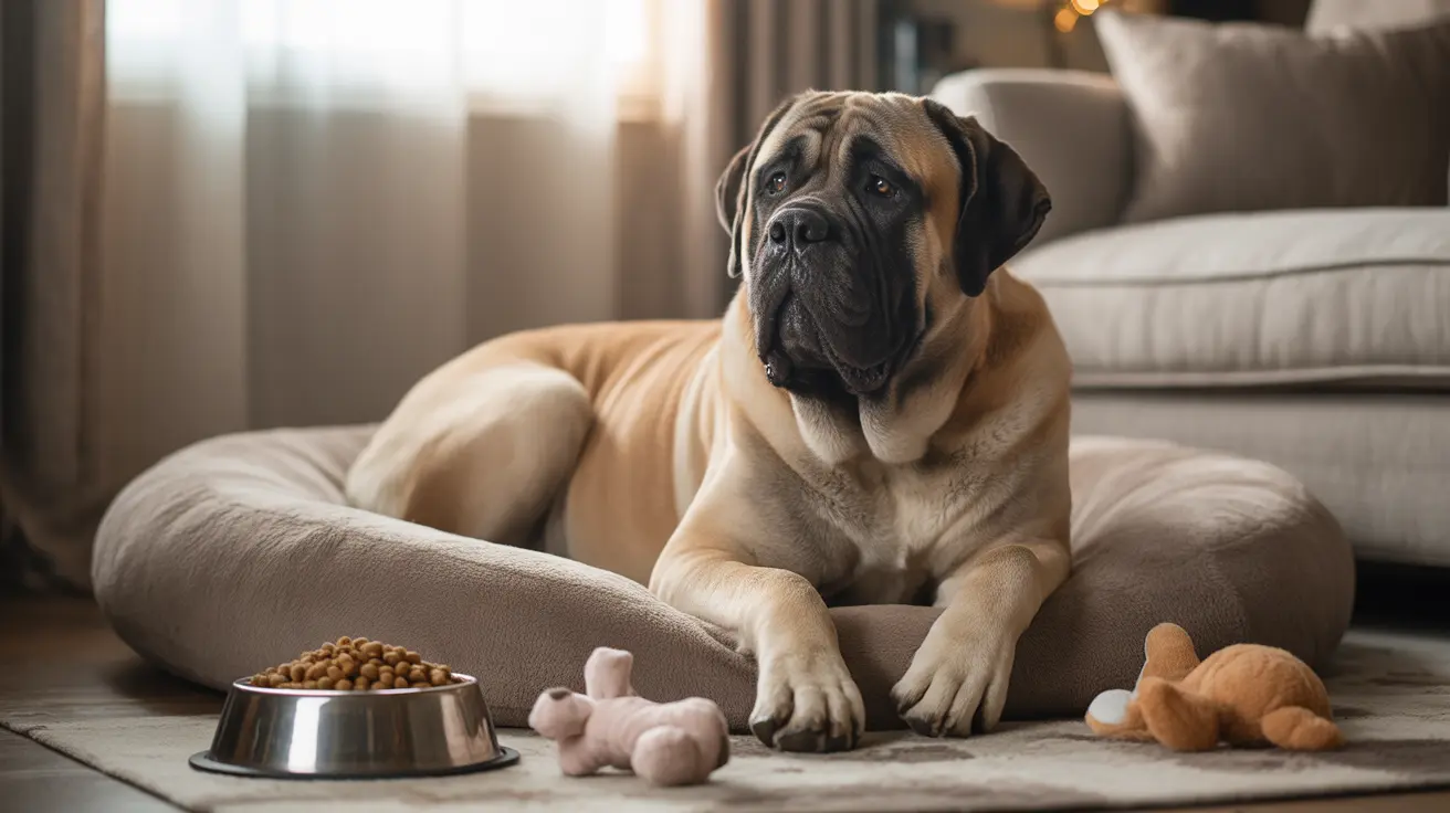 A large, muscular Mastiff sitting on a comfortable dog bed in a cozy living room setting