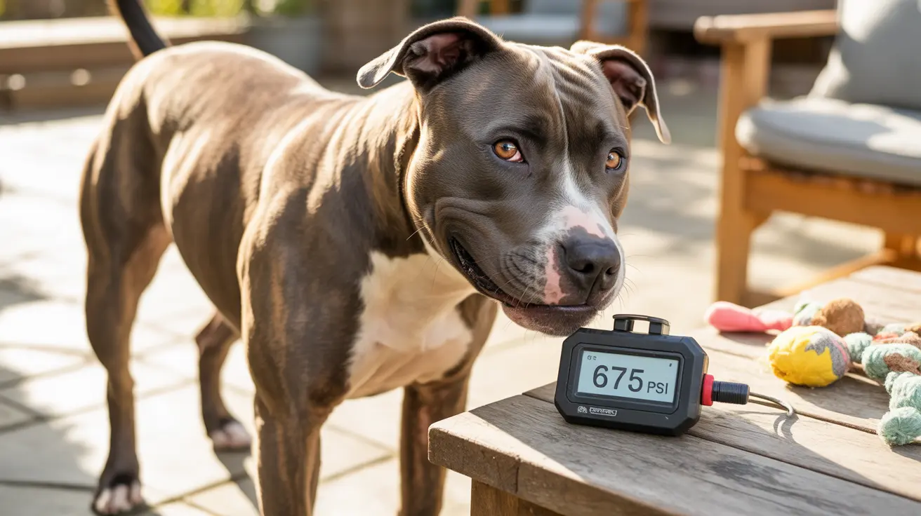 A muscular Pit Bull standing near a digital pressure gauge displaying 675 PSI, surrounded by dog toys