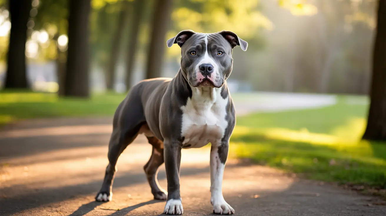 Un Pit Bull musclé gris et blanc debout avec assurance sur un chemin bordé d'arbres, baigné par une douce lumière matinale.
