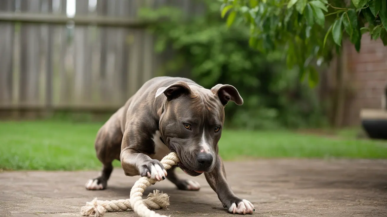 A muscular gray Pit Bull playing with a rope toy in a backyard setting