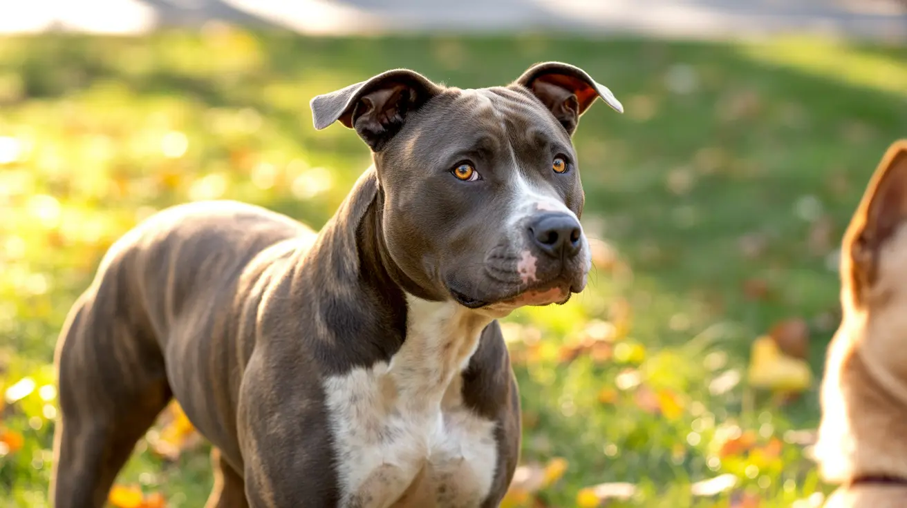 A muscular gray and white Pit Bull standing alert in a grassy outdoor setting with fallen autumn leaves.