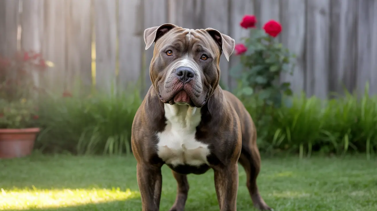 A muscular American Pit Bull Terrier in a garden with red roses and a wooden fence