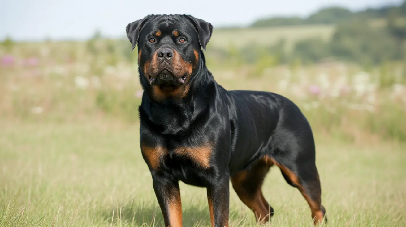 A strong and muscular Rottweiler standing confidently in a grassy meadow