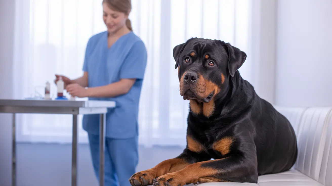 A large muscular Rottweiler sitting calmly on an examination table in a veterinary clinic