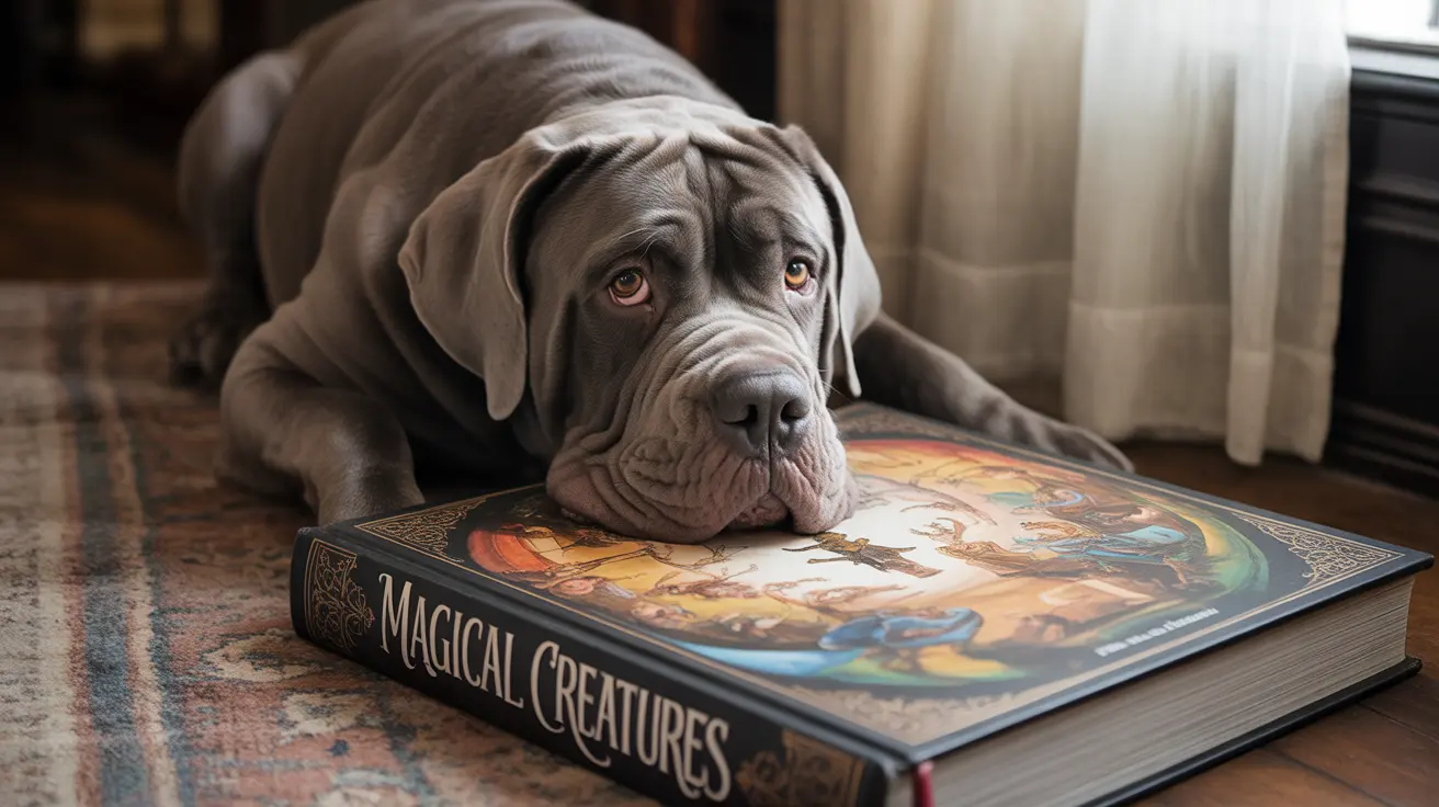 Wrinkly gray Neapolitan Mastiff resting its head on a Magical Creatures book