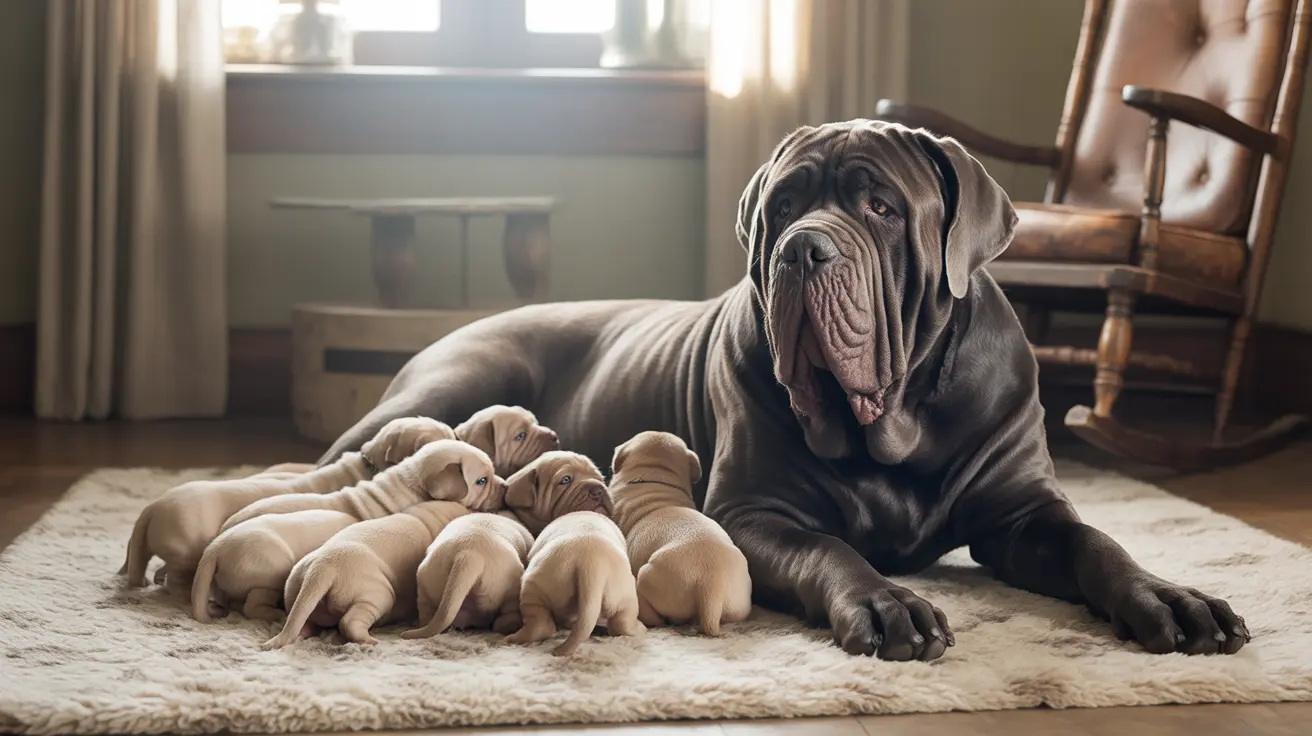 大きなナポリタン・マスティフの母犬が、複数の新生子犬たちと一緒に柔らかいラグの上で集まっている様子