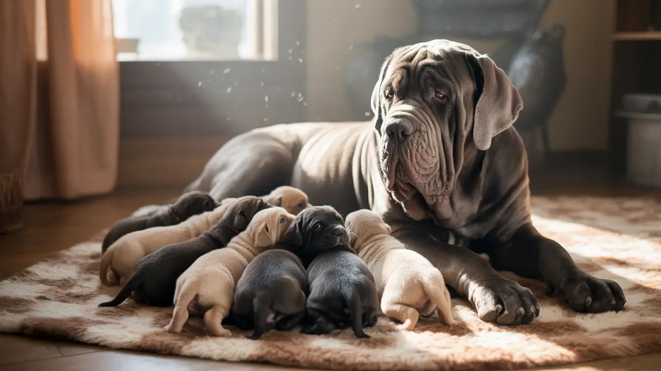 大きなナポリタン・マスティフの母犬が複数の子犬たちと一緒に、窓のそばにある柔らかい毛皮のラグの上で寄り添っている様子