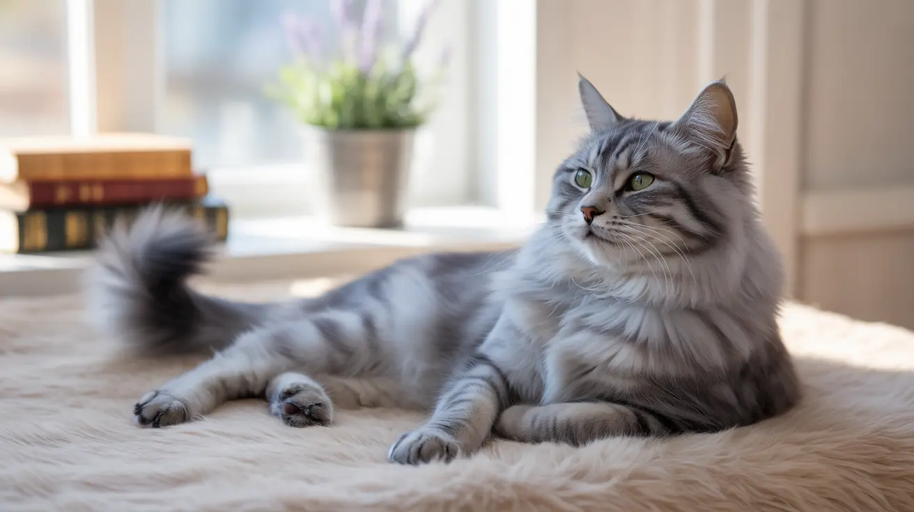 A fluffy gray and white Siberian cat lounging gracefully on a soft white surface near a window