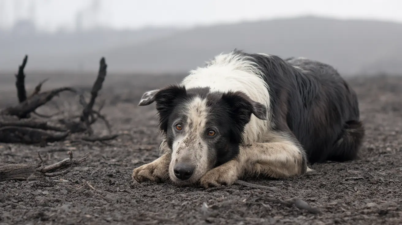 Un chien Border Collie se reposant sur un sol aride et sec avec une atmosphère sombre et morose