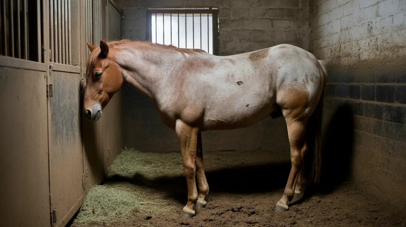 Horses in a neglected barn with visible signs of poor care