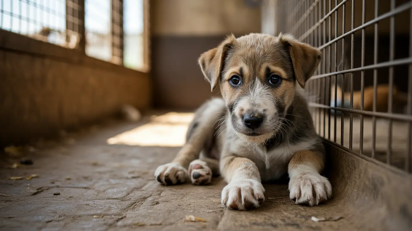 Un cachorro joven con marcas marrones, blancas y negras acostado junto a una jaula de alambre en un refugio para animales