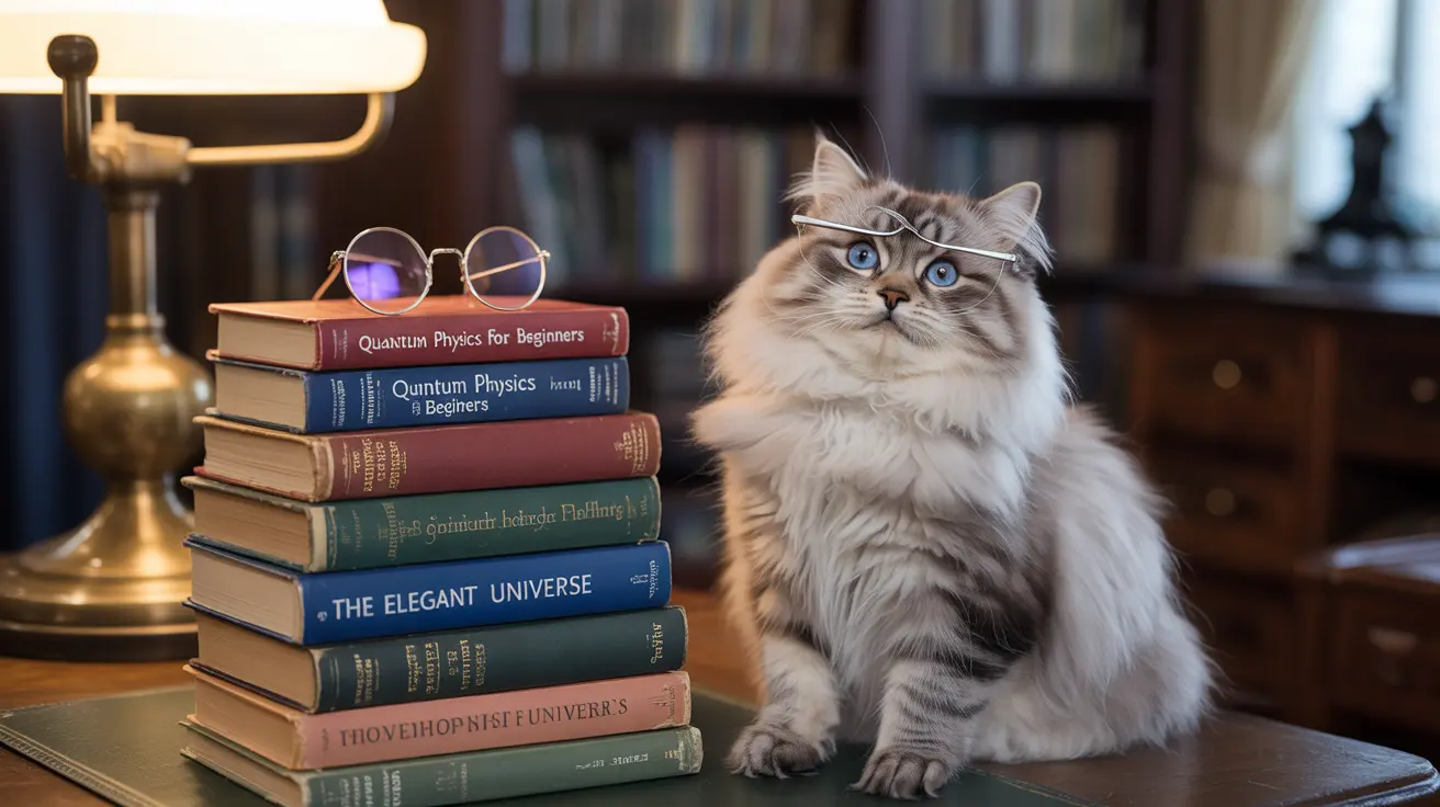 ふわふわしたラグドール猫が眼鏡をかけ、図書館のような場所で科学書の山の隣に座っている様子