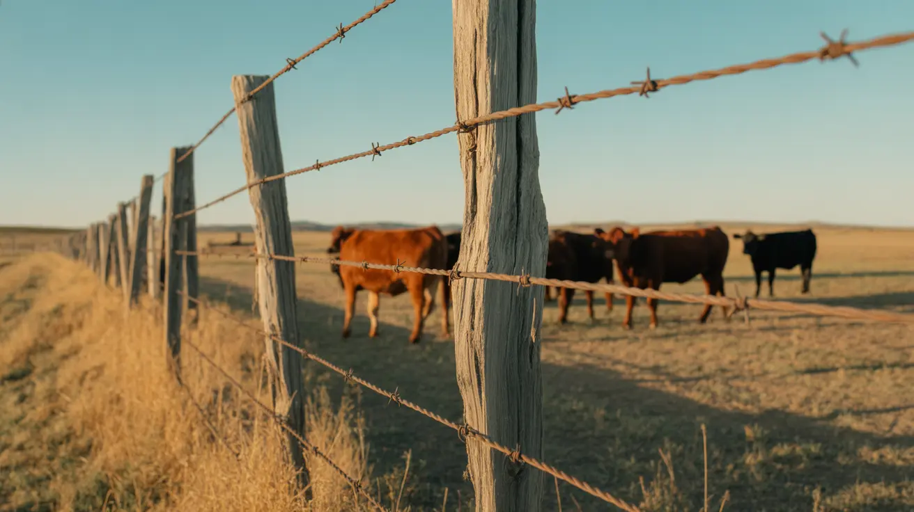 Fenced pasture land with livestock and wildlife in New Mexico