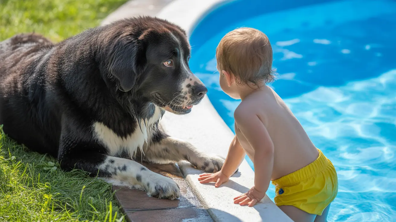 A large black and white Newfoundland dog sitting beside a small child by a swimming pool