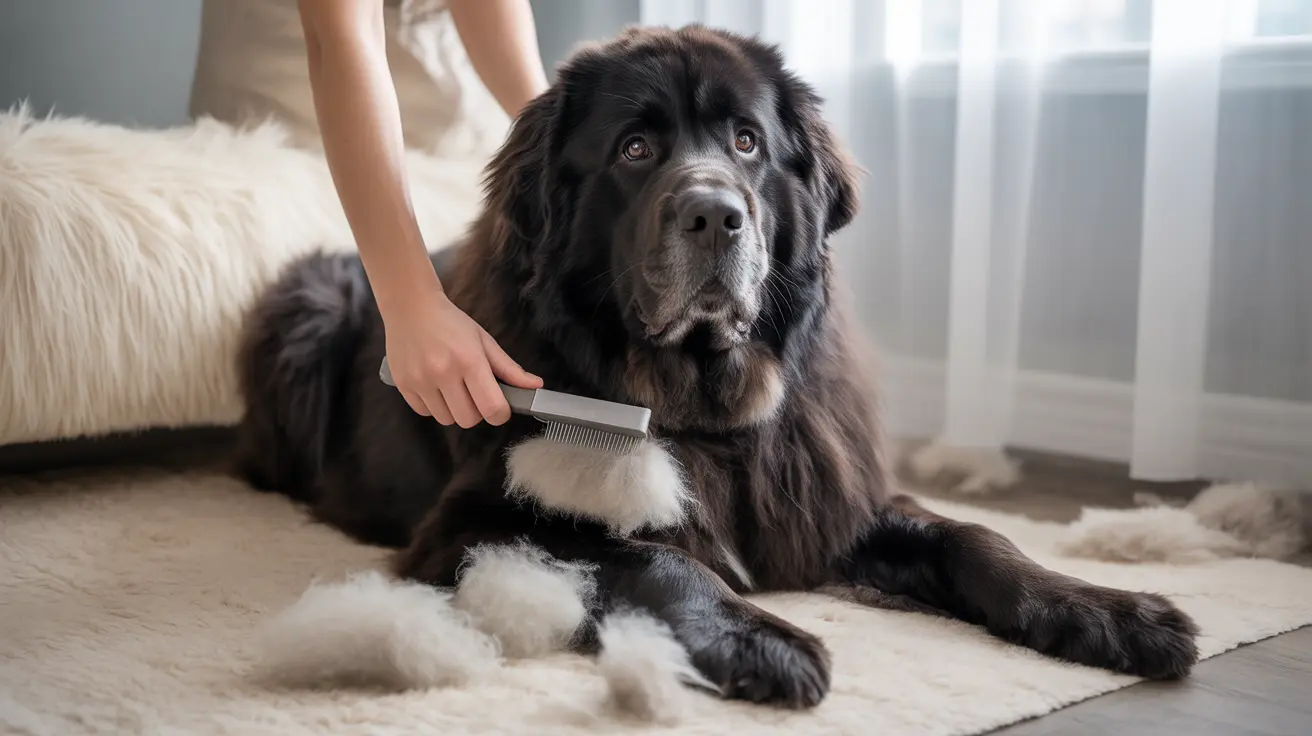 A large black Newfoundland dog being groomed with a brush in a home setting