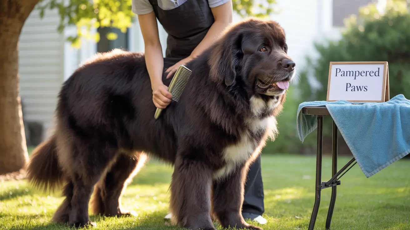 A large black and white Newfoundland dog being groomed outdoors with a 'Pampered Paws' sign nearby.