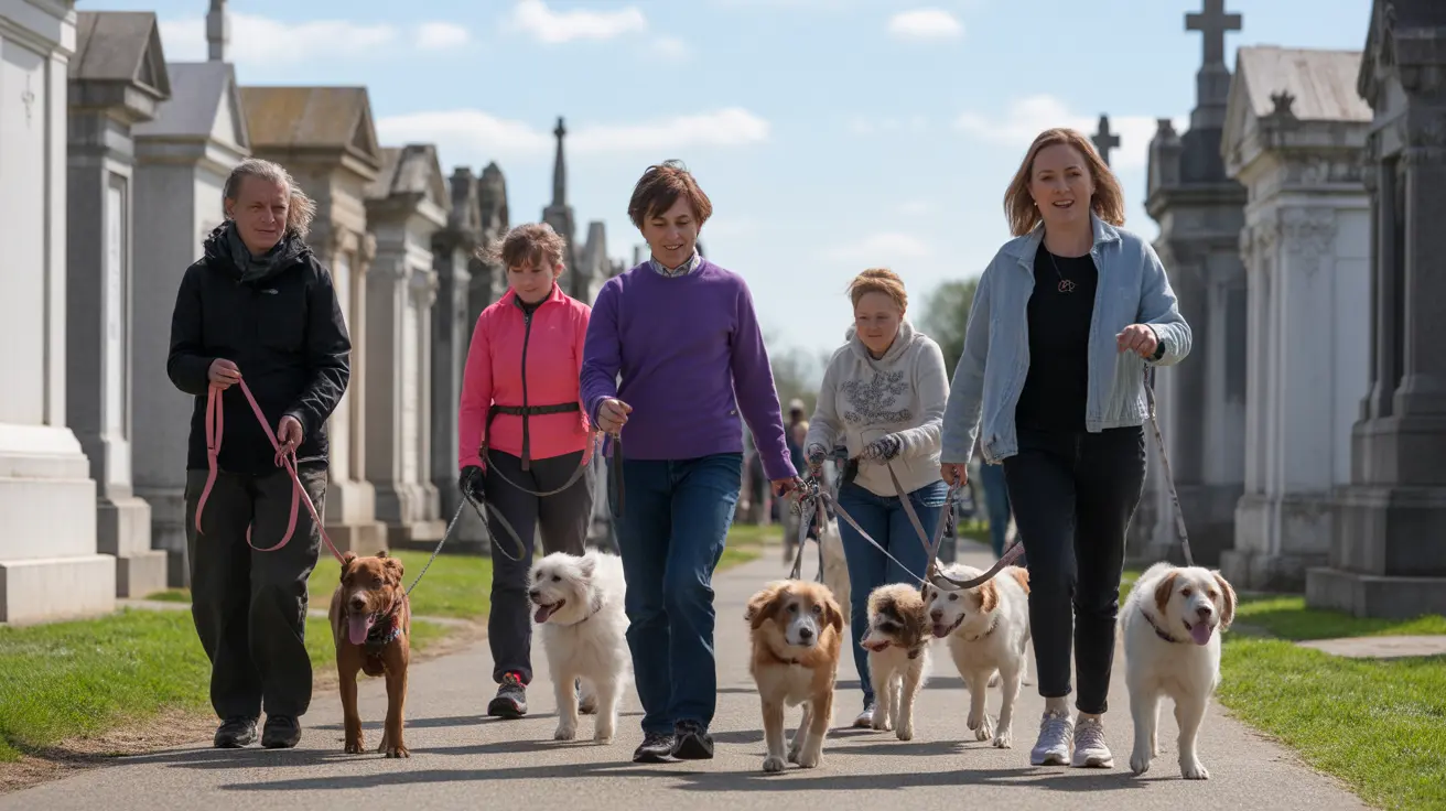Runners and dog owners participating in a pet parade at historic Metairie Cemetery