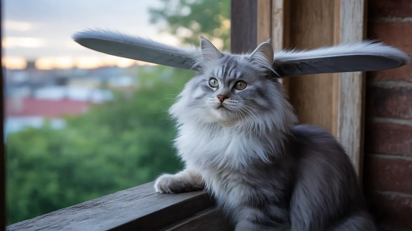 A fluffy silver and white Norwegian Forest Cat sitting elegantly on a wooden windowsill, looking out with a regal expression