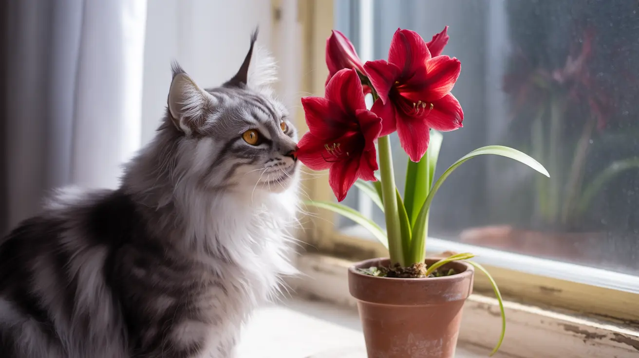 Norwegian Forest Cat sitting beside a vibrant red amaryllis flower in a terracotta pot near a window