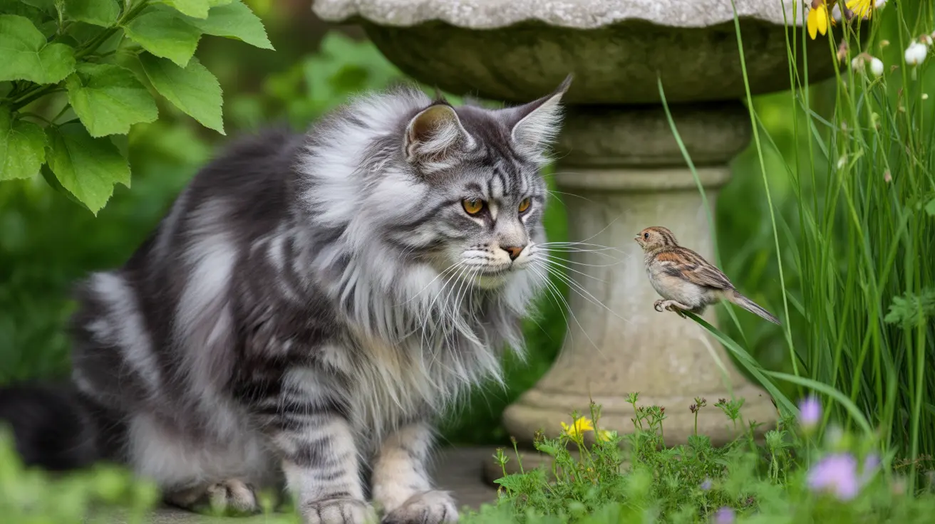 Large fluffy Norwegian Forest Cat near stone birdbath watching a small sparrow perched nearby