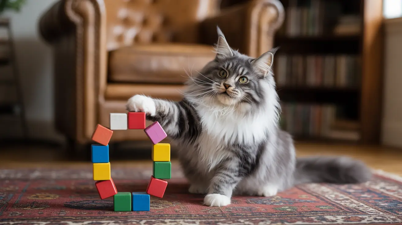 A fluffy gray and white Norwegian Forest Cat sitting next to a colorful block tower on a decorative rug