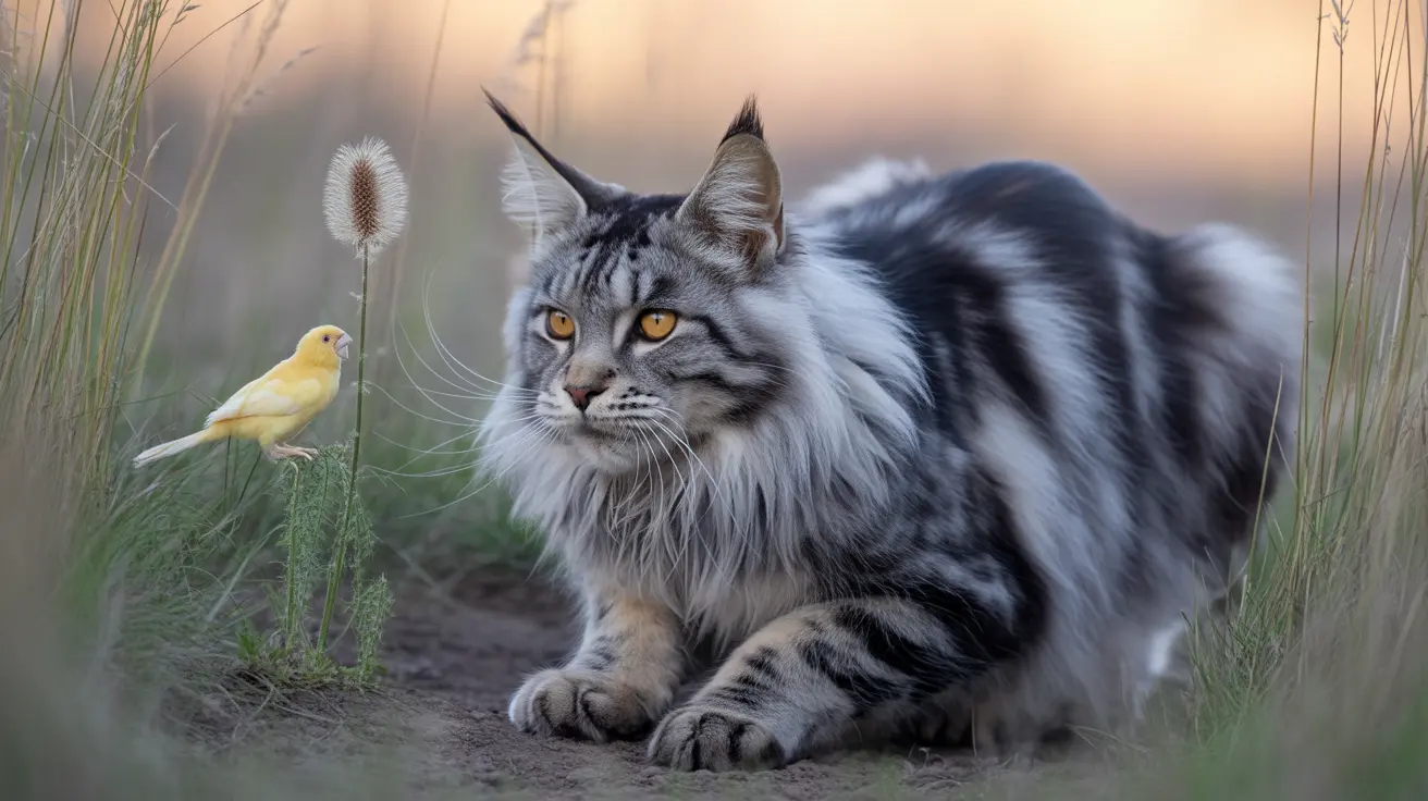 Large fluffy Norwegian Forest Cat sitting calmly next to a small yellow canary near a wispy plant against a soft-colored background