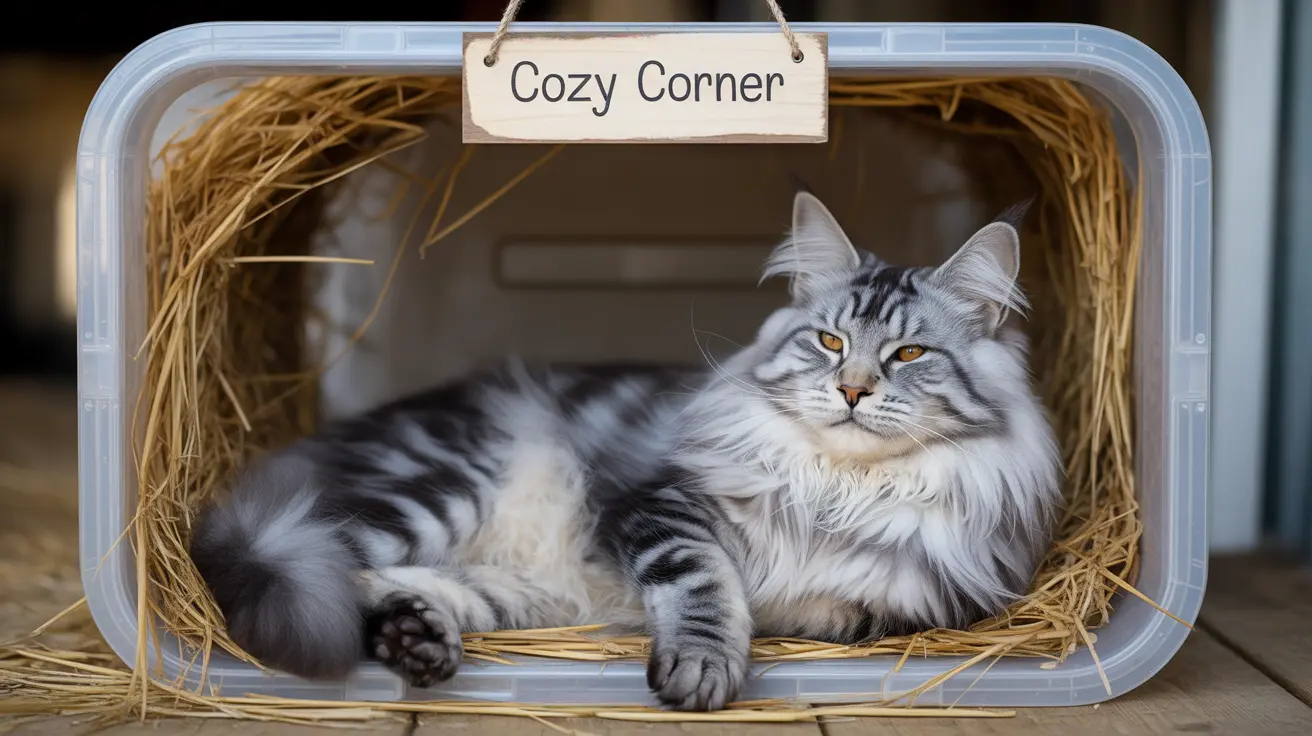 A fluffy silver and white Norwegian Forest Cat lounging comfortably in a clear plastic container lined with straw under a 'Cozy Corner' sign
