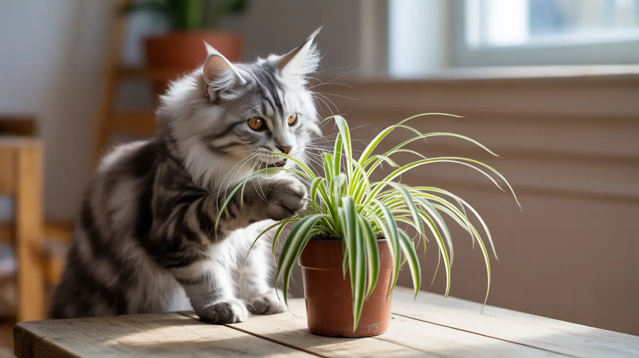 A fluffy Norwegian Forest Cat sitting next to a potted spider plant, looking curious and alert