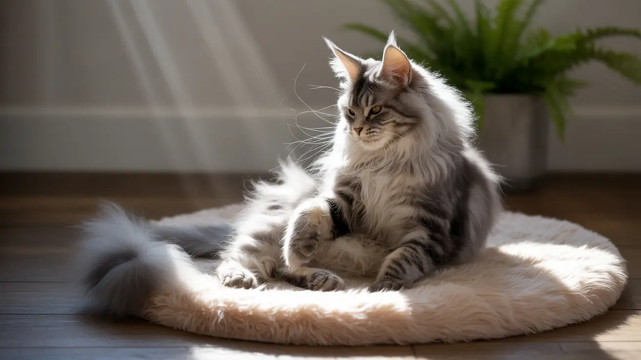 Majestic Norwegian Forest Cat sitting regally on a soft white cushion near a houseplant