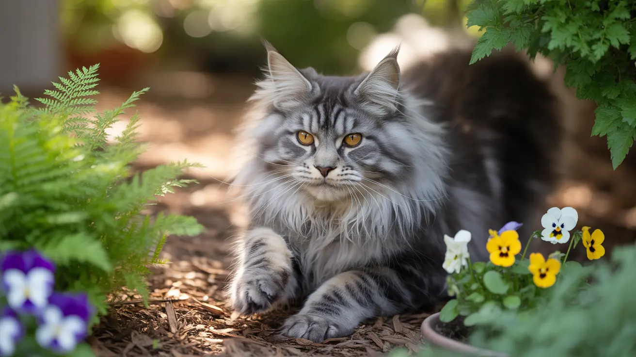 A majestic Norwegian Forest Cat sitting among ferns and pansies in a garden
