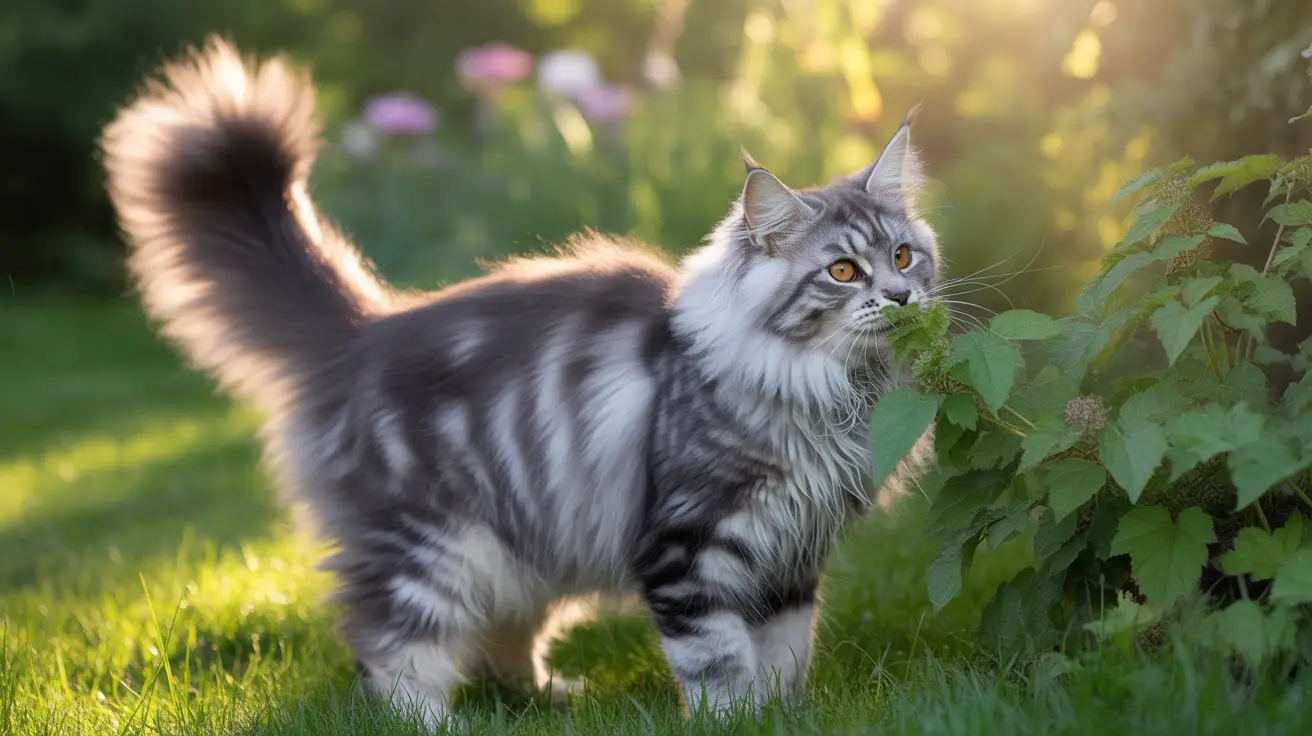 Um Gato da Floresta Norueguesa em um jardim iluminado pelo sol com vegetação verde exuberante