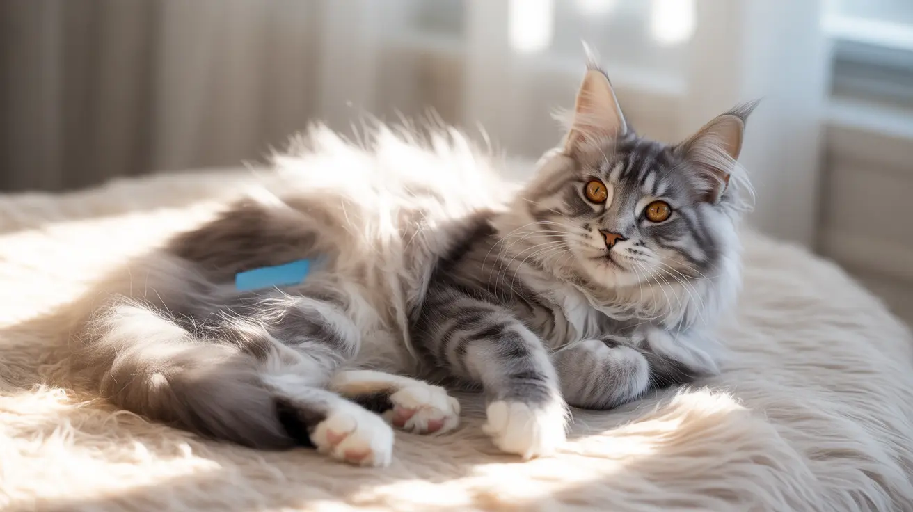 Fluffy Norwegian Forest Cat with golden eyes resting on a soft light-colored fur blanket near a bright window