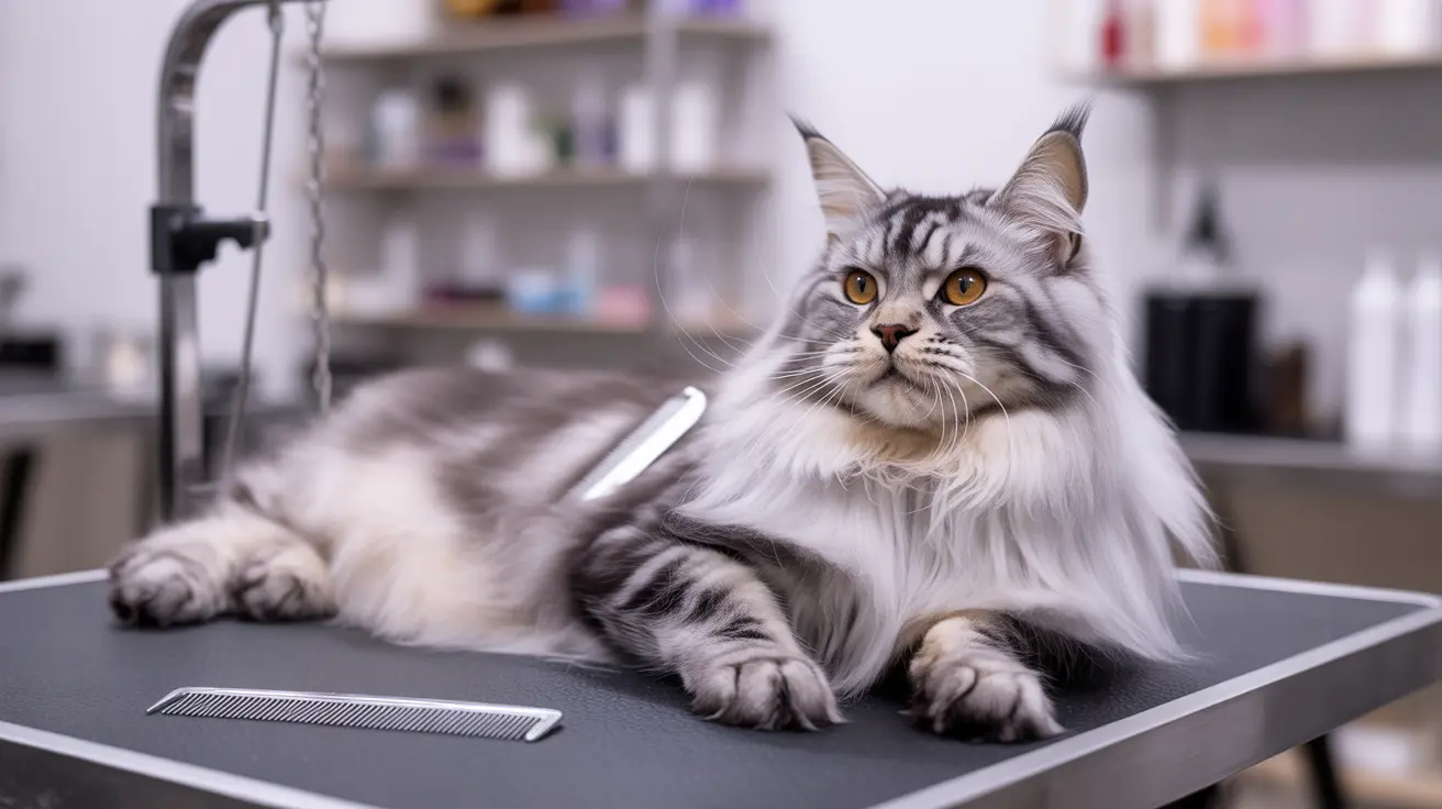 Majestic Norwegian Forest Cat sitting calmly on a grooming table with a metal comb nearby