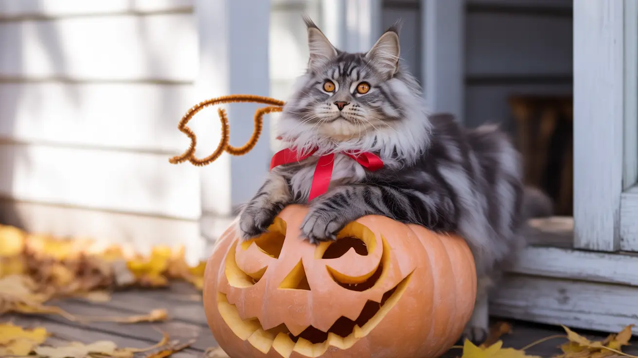 A fluffy gray and white Norwegian Forest Cat wearing a red bow tie, sitting on a carved Halloween pumpkin
