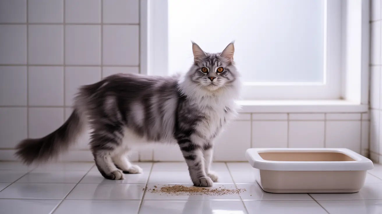 A fluffy gray and white Norwegian Forest Cat near its litter box with scattered cat litter