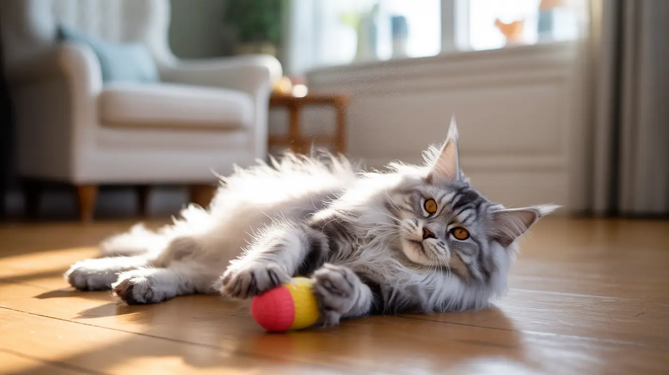 A fluffy gray and white Norwegian Forest Cat lounging casually on a wooden floor with a colorful ball toy
