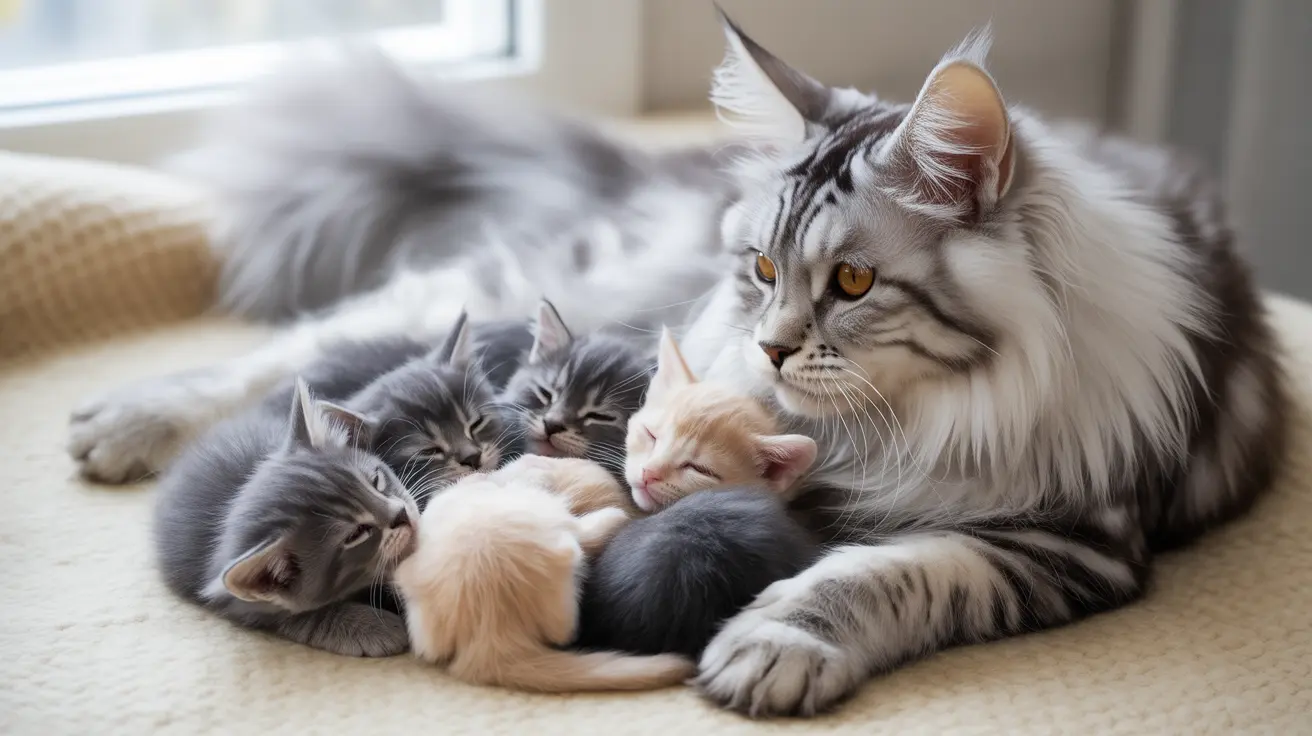 Gato Norueguês da Floresta ou Maine Coon grande com três gatos pequenos em um tapete macio